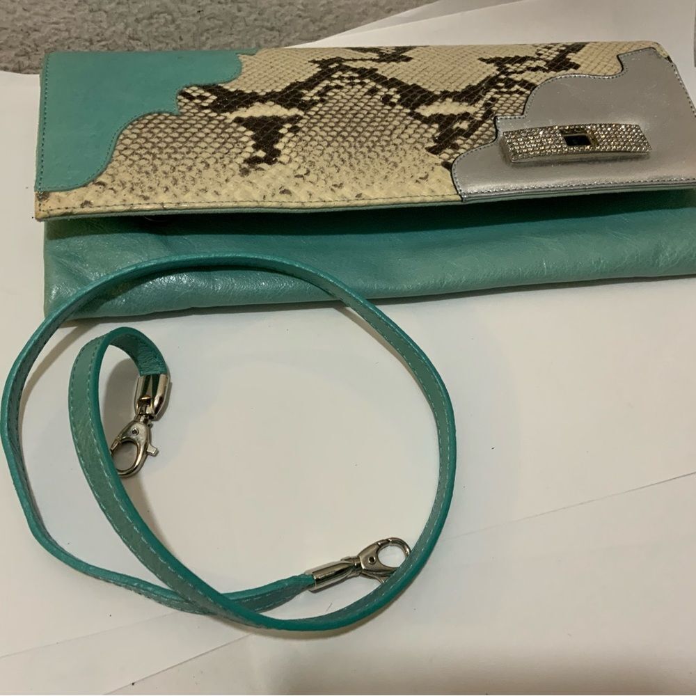 Python Snakeskin Tourquoise Rhinestone Leather purse shoulder clutch wristlet - Picture 11 of 11